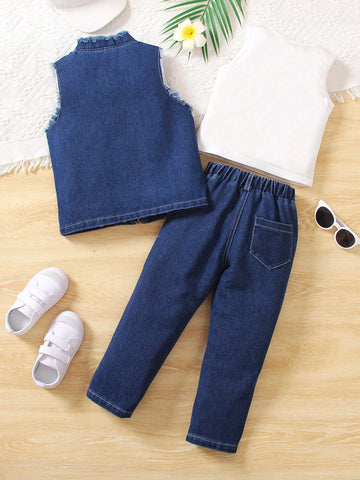 Young Girl Summer Frayed Denim Vest And Extended Length Pants With Patch Shirt Set