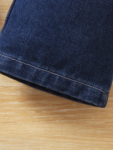 Young Girl Summer Frayed Denim Vest And Extended Length Pants With Patch Shirt Set