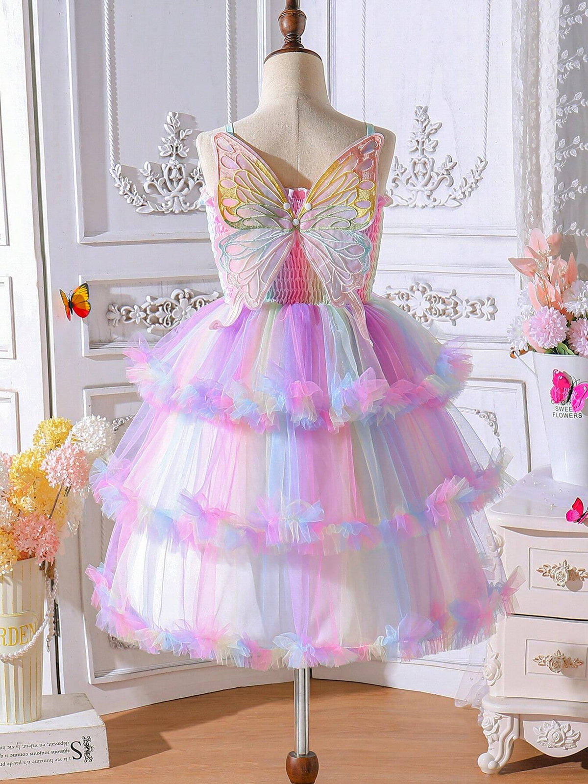 Young Girl Summer Gradient Ruffle Splicing Mesh Butterfly Decoration Strap Dress