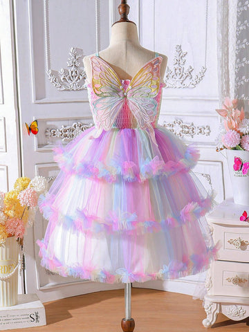 Young Girl Summer Gradient Ruffle Splicing Mesh Butterfly Decoration Strap Dress