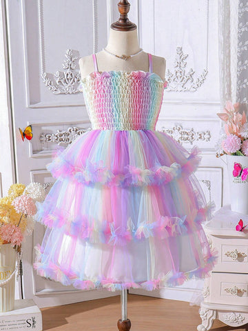 Young Girl Summer Gradient Ruffle Splicing Mesh Butterfly Decoration Strap Dress