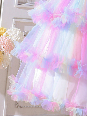 Young Girl Summer Gradient Ruffle Splicing Mesh Butterfly Decoration Strap Dress