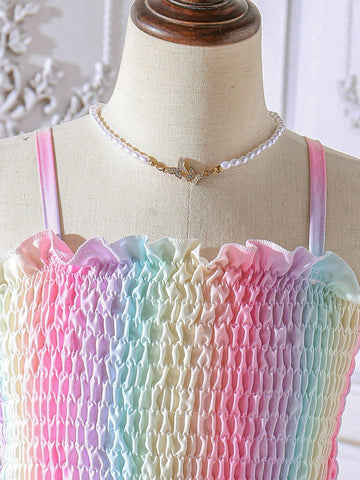 Young Girl Summer Gradient Ruffle Splicing Mesh Butterfly Decoration Strap Dress