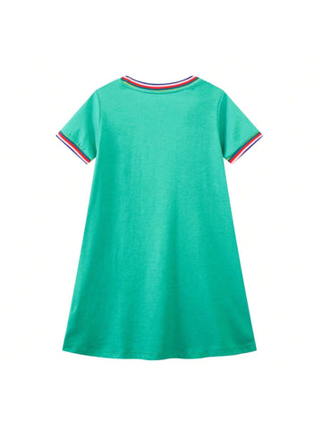 Young Girl Summer Green Casual Dress With Cartoon Animal Three Cats Pattern