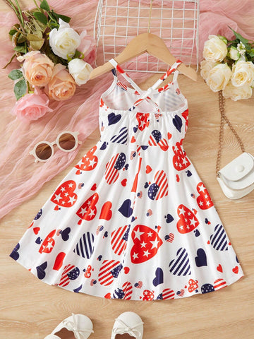 Young Girl Summer Heart Print Casual Cute Spaghetti Strap Dress