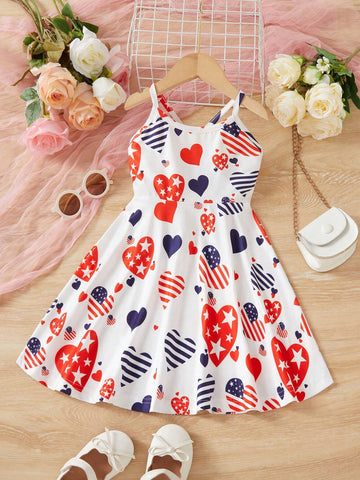 Young Girl Summer Heart Print Casual Cute Spaghetti Strap Dress