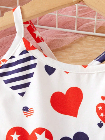 Young Girl Summer Heart Print Casual Cute Spaghetti Strap Dress