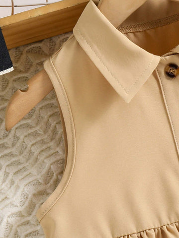 Young Girl Summer Holiday Casual Solid Color Front Button Sleeveless A-Line Dress