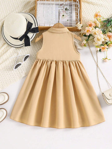 Young Girl Summer Holiday Casual Solid Color Front Button Sleeveless A-Line Dress