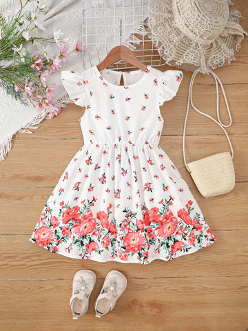 Young Girl Summer Holiday Floral Print Round Neck Cap Sleeve Cute Dress