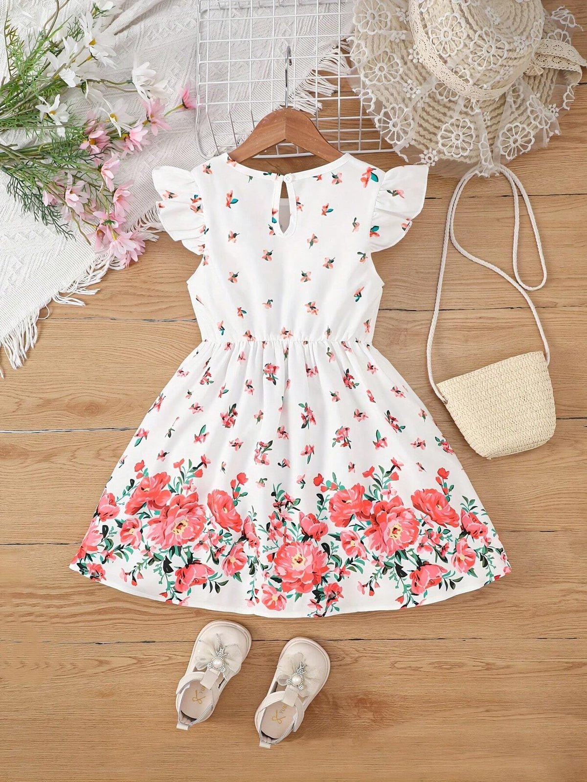 Young Girl Summer Holiday Floral Print Round Neck Cap Sleeve Cute Dress