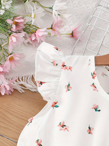 Young Girl Summer Holiday Floral Print Round Neck Cap Sleeve Cute Dress