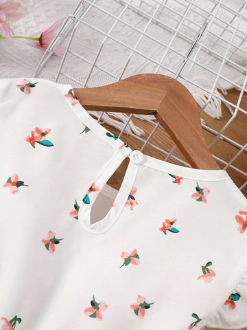 Young Girl Summer Holiday Floral Print Round Neck Cap Sleeve Cute Dress