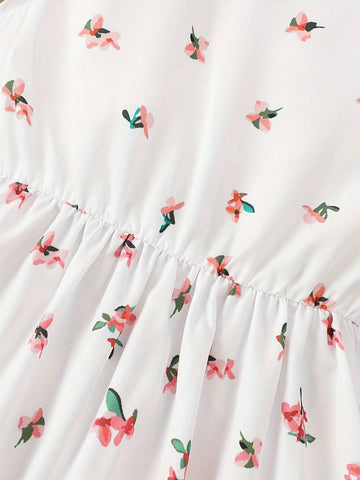 Young Girl Summer Holiday Floral Print Round Neck Cap Sleeve Cute Dress