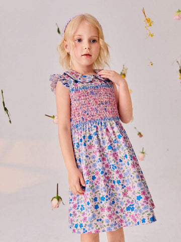 Young Girl Summer Holiday Leisure Comfortable Elegant Exquisite Beautiful Flutter Sleeve Floral Sweet Dress