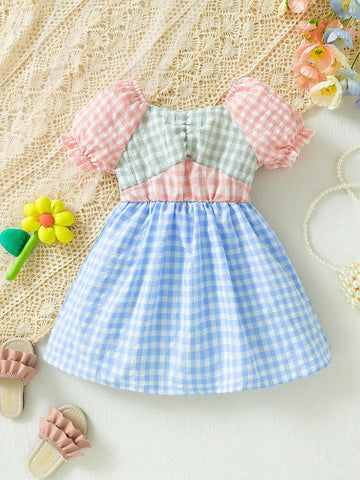 Young Girl Summer Holiday Plaid Patchwork Bubble Sleeve Loose Fit Dress