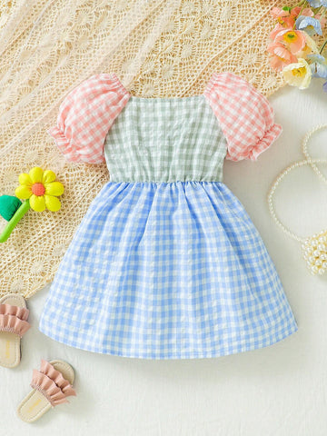 Young Girl Summer Holiday Plaid Patchwork Bubble Sleeve Loose Fit Dress