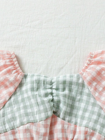Young Girl Summer Holiday Plaid Patchwork Bubble Sleeve Loose Fit Dress