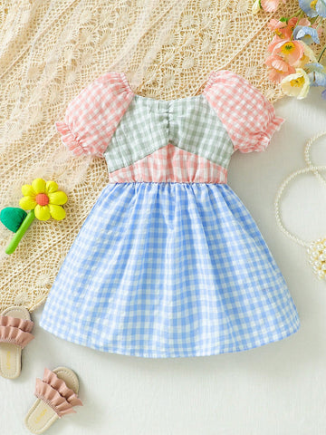 Young Girl Summer Holiday Plaid Patchwork Bubble Sleeve Loose Fit Dress