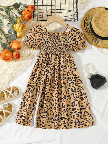 Young Girl Summer Leopard Print Dress With Short Puff Sleeves, Split Hem And Lapel Collar