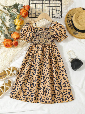 Young Girl Summer Leopard Print Dress With Short Puff Sleeves, Split Hem And Lapel Collar