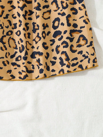 Young Girl Summer Leopard Print Dress With Short Puff Sleeves, Split Hem And Lapel Collar
