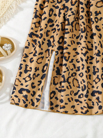 Young Girl Summer Leopard Print Dress With Short Puff Sleeves, Split Hem And Lapel Collar