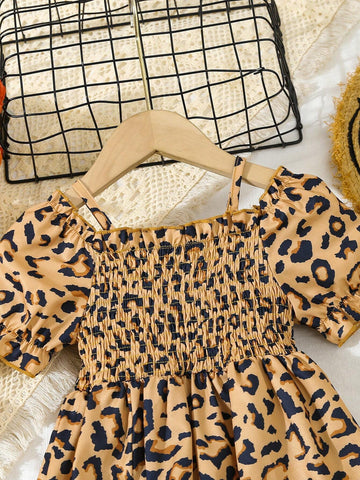 Young Girl Summer Leopard Print Dress With Short Puff Sleeves, Split Hem And Lapel Collar