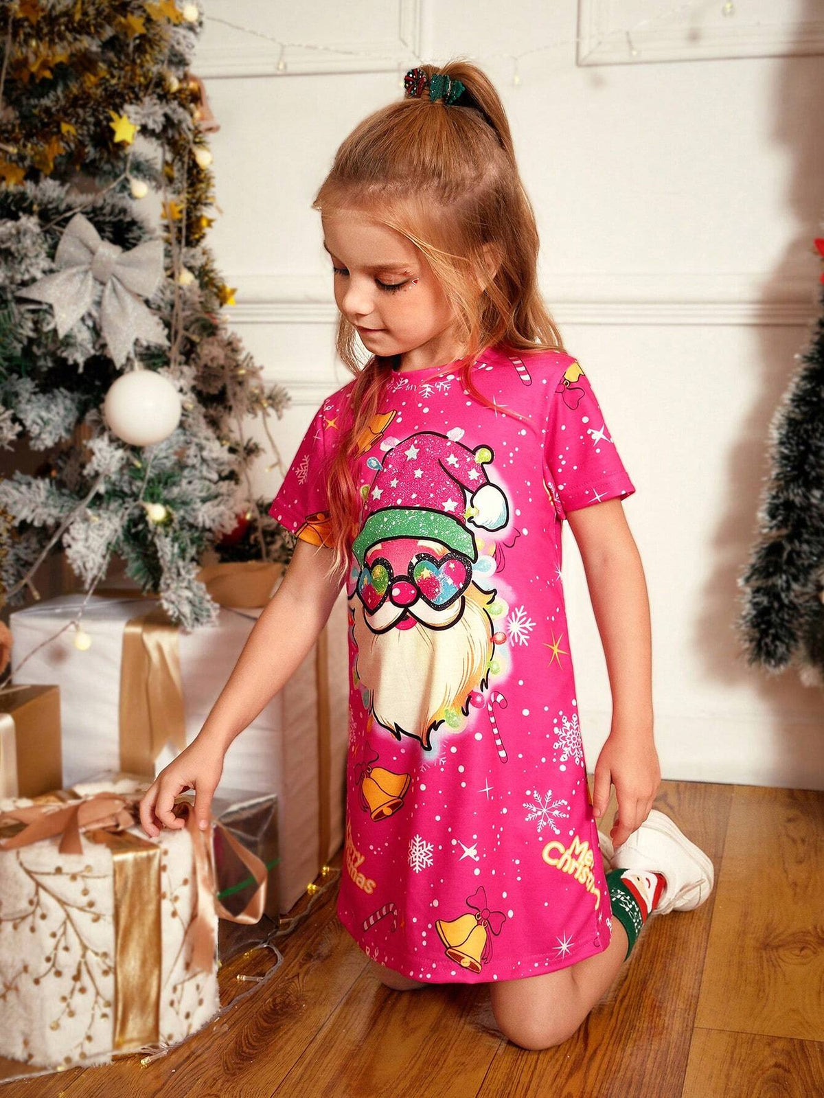 Young Girl Summer Letter & Santa Claus Print Crew Neck Short Sleeve Casual T-Shirt Dress