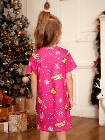 Young Girl Summer Letter & Santa Claus Print Crew Neck Short Sleeve Casual T-Shirt Dress