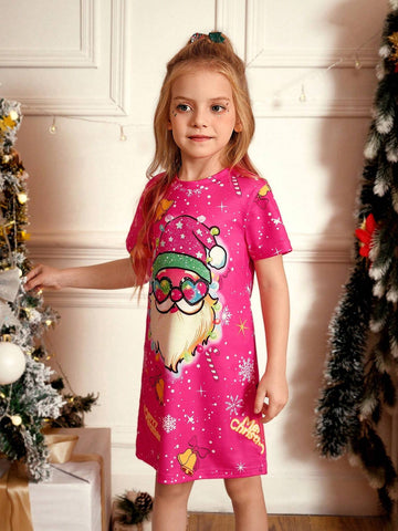 Young Girl Summer Letter & Santa Claus Print Crew Neck Short Sleeve Casual T-Shirt Dress