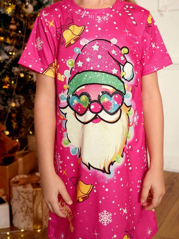 Young Girl Summer Letter & Santa Claus Print Crew Neck Short Sleeve Casual T-Shirt Dress