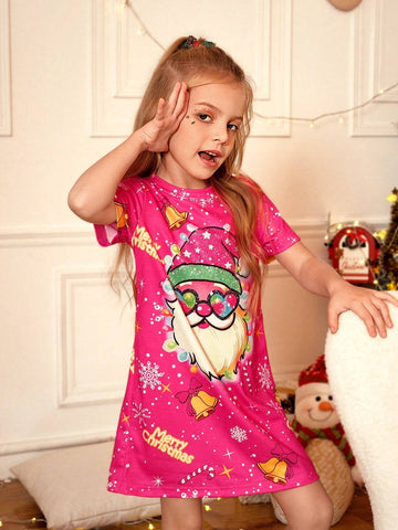 Young Girl Summer Letter & Santa Claus Print Crew Neck Short Sleeve Casual T-Shirt Dress