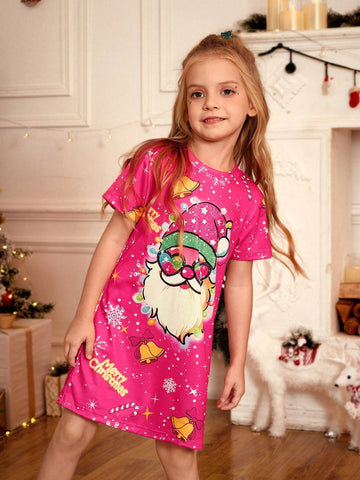 Young Girl Summer Letter & Santa Claus Print Crew Neck Short Sleeve Casual T-Shirt Dress