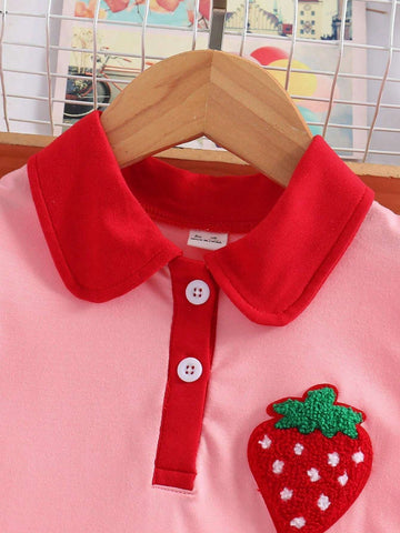 Young Girl Summer Lightweight Fashionable Casual Dress, Cute Fruit Strawberry Pattern Buttoned Collar, Color Block Cap Sleeve Knitted Holiday Dress , Simple Comfortable Breathable Clothing For Summer, Absorbent And Sweat-Wicking