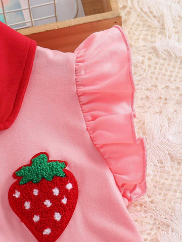 Young Girl Summer Lightweight Fashionable Casual Dress, Cute Fruit Strawberry Pattern Buttoned Collar, Color Block Cap Sleeve Knitted Holiday Dress , Simple Comfortable Breathable Clothing For Summer, Absorbent And Sweat-Wicking