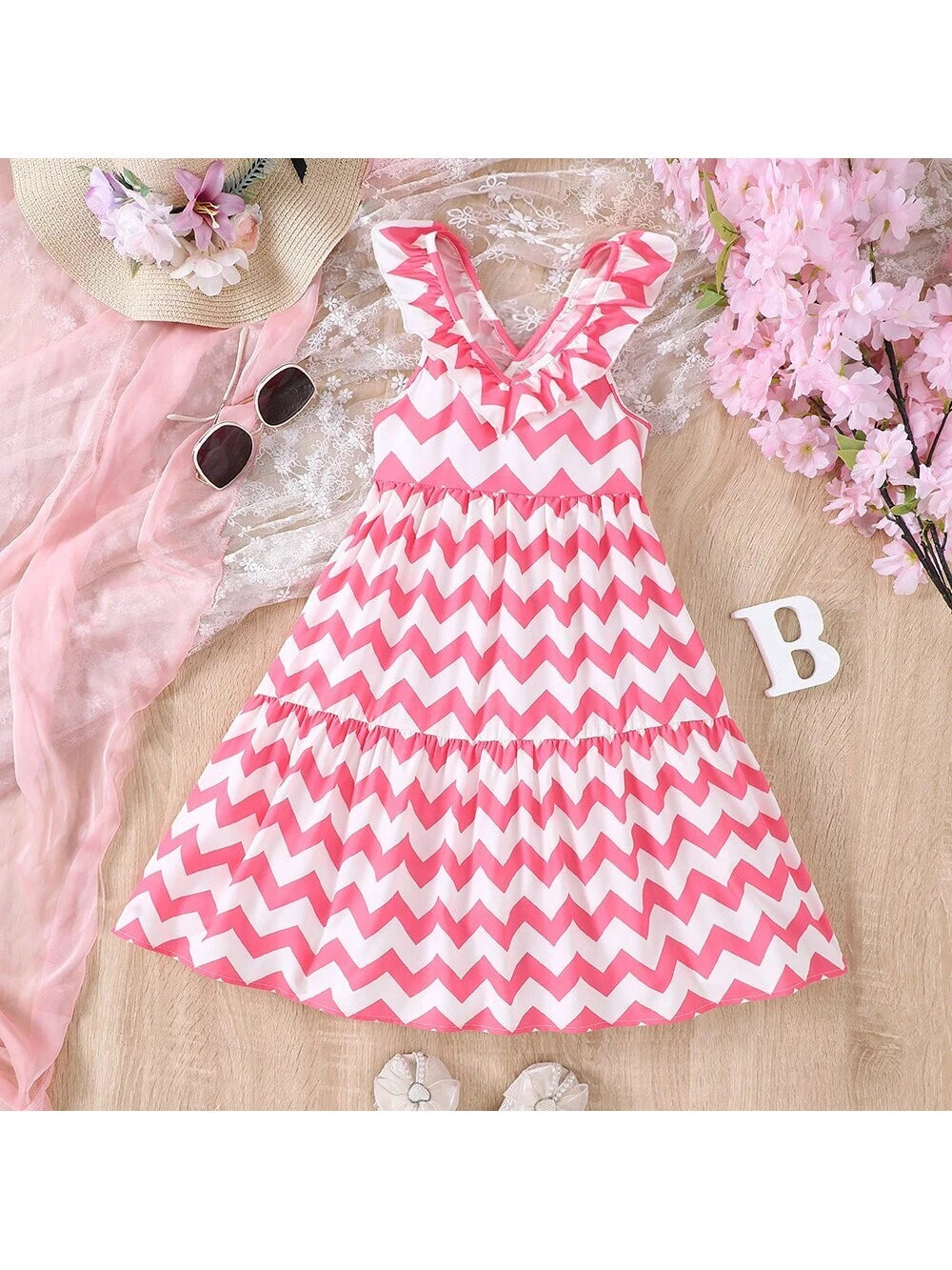 Young Girl Summer Long Beach Dress With Large Swing Hem And Wave Pattern