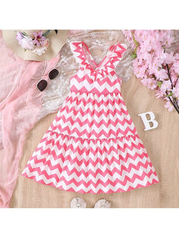 Young Girl Summer Long Beach Dress With Large Swing Hem And Wave Pattern