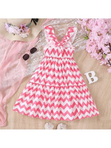 Young Girl Summer Long Beach Dress With Large Swing Hem And Wave Pattern