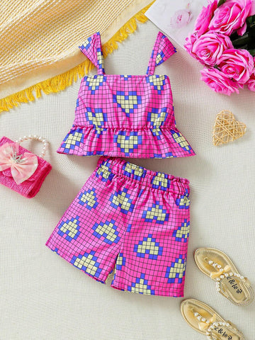 Young Girl Summer Love Heart & Square Patterned Tank Top & Shorts 2pcs/Set All-Match Street Style Outfit