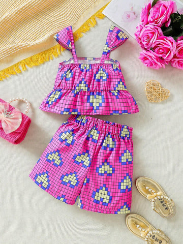 Young Girl Summer Love Heart & Square Patterned Tank Top & Shorts 2pcs/Set All-Match Street Style Outfit