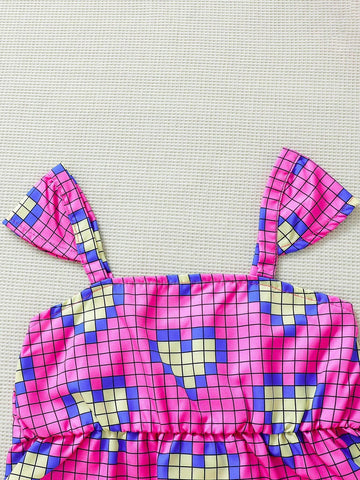 Young Girl Summer Love Heart & Square Patterned Tank Top & Shorts 2pcs/Set All-Match Street Style Outfit