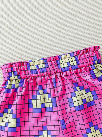 Young Girl Summer Love Heart & Square Patterned Tank Top & Shorts 2pcs/Set All-Match Street Style Outfit