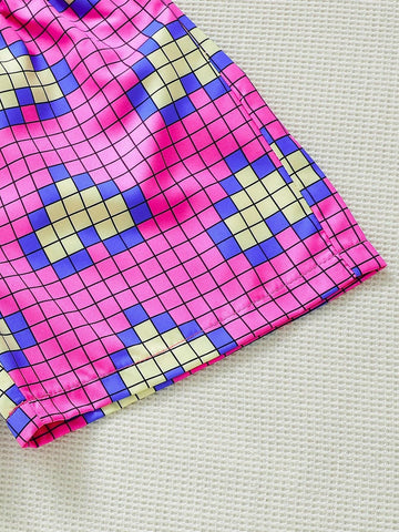 Young Girl Summer Love Heart & Square Patterned Tank Top & Shorts 2pcs/Set All-Match Street Style Outfit