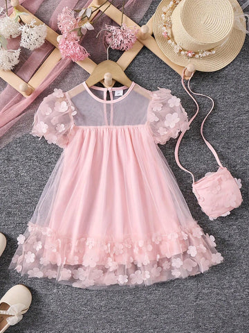 Young Girl Summer Mesh Contrast 3D Flower Decor Fashion Princess Dress With Crossbody Bag