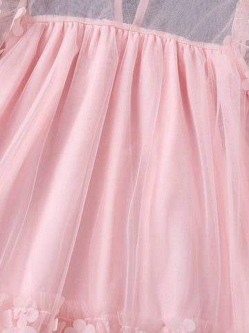 Young Girl Summer Mesh Contrast 3D Flower Decor Fashion Princess Dress With Crossbody Bag