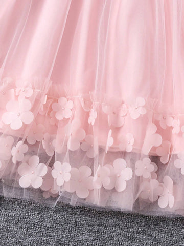 Young Girl Summer Mesh Contrast 3D Flower Decor Fashion Princess Dress With Crossbody Bag