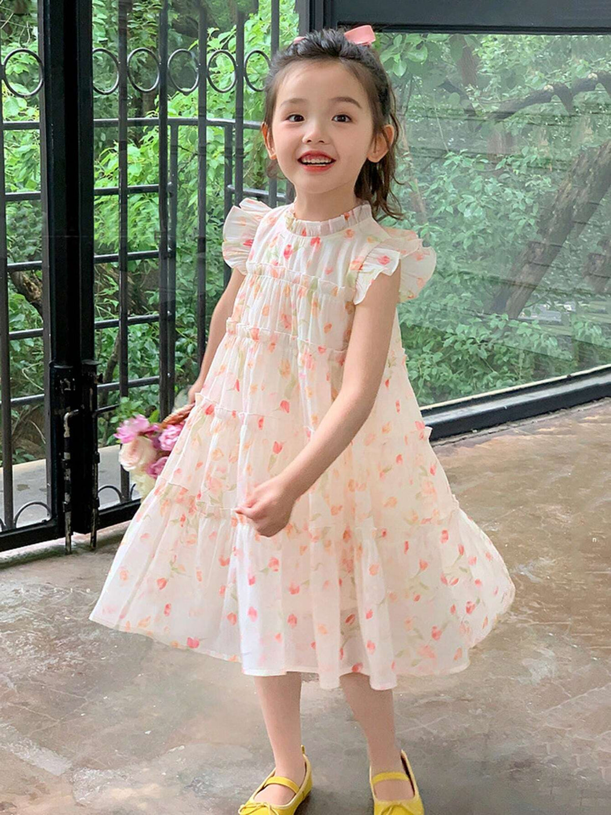 Young Girl Summer Mesh Floral Cake Princess Dress With Puff Sleeves, Cute And Sweet, A-Line Dress