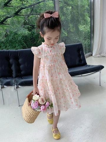 Young Girl Summer Mesh Floral Cake Princess Dress With Puff Sleeves, Cute And Sweet, A-Line Dress