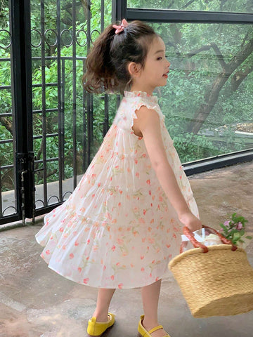 Young Girl Summer Mesh Floral Cake Princess Dress With Puff Sleeves, Cute And Sweet, A-Line Dress